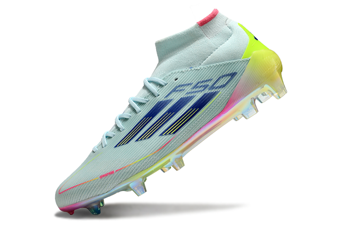 chuteira-campo-adidas-f50-cano-médio-fg-azul-rosa-e-amarelo-olympic-boot-pack-5