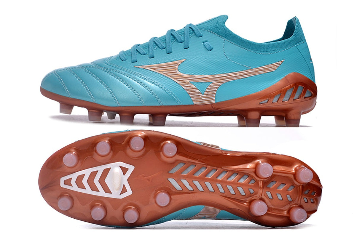 chuteira-campo-mizuno-morelia-neo-3-fg-azul-e-bronze-azure-blue-pack-3