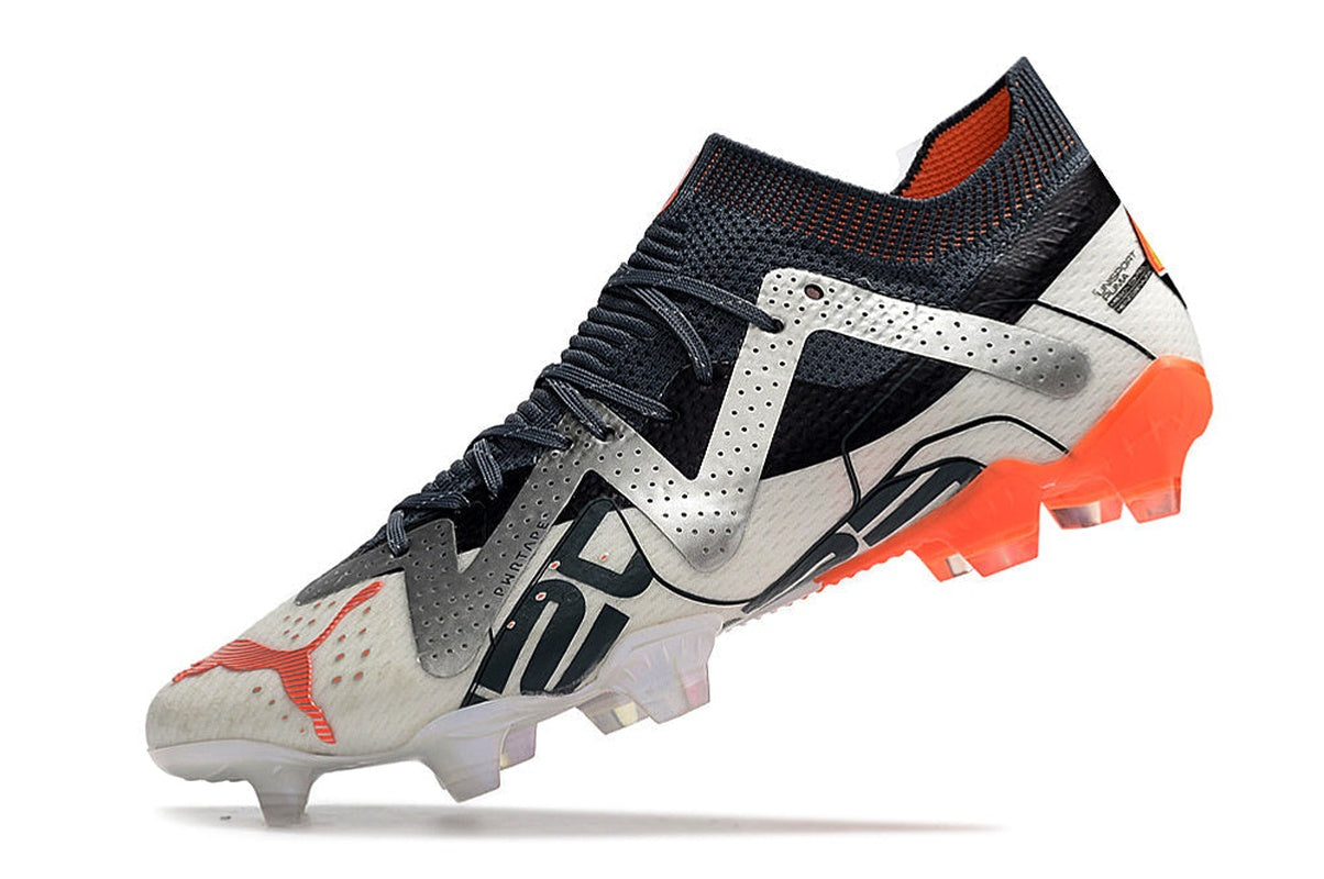 chuteira-campo-puma-future-ultimate-fg-branca-prata-e-laranja-astronaut-pack-4
