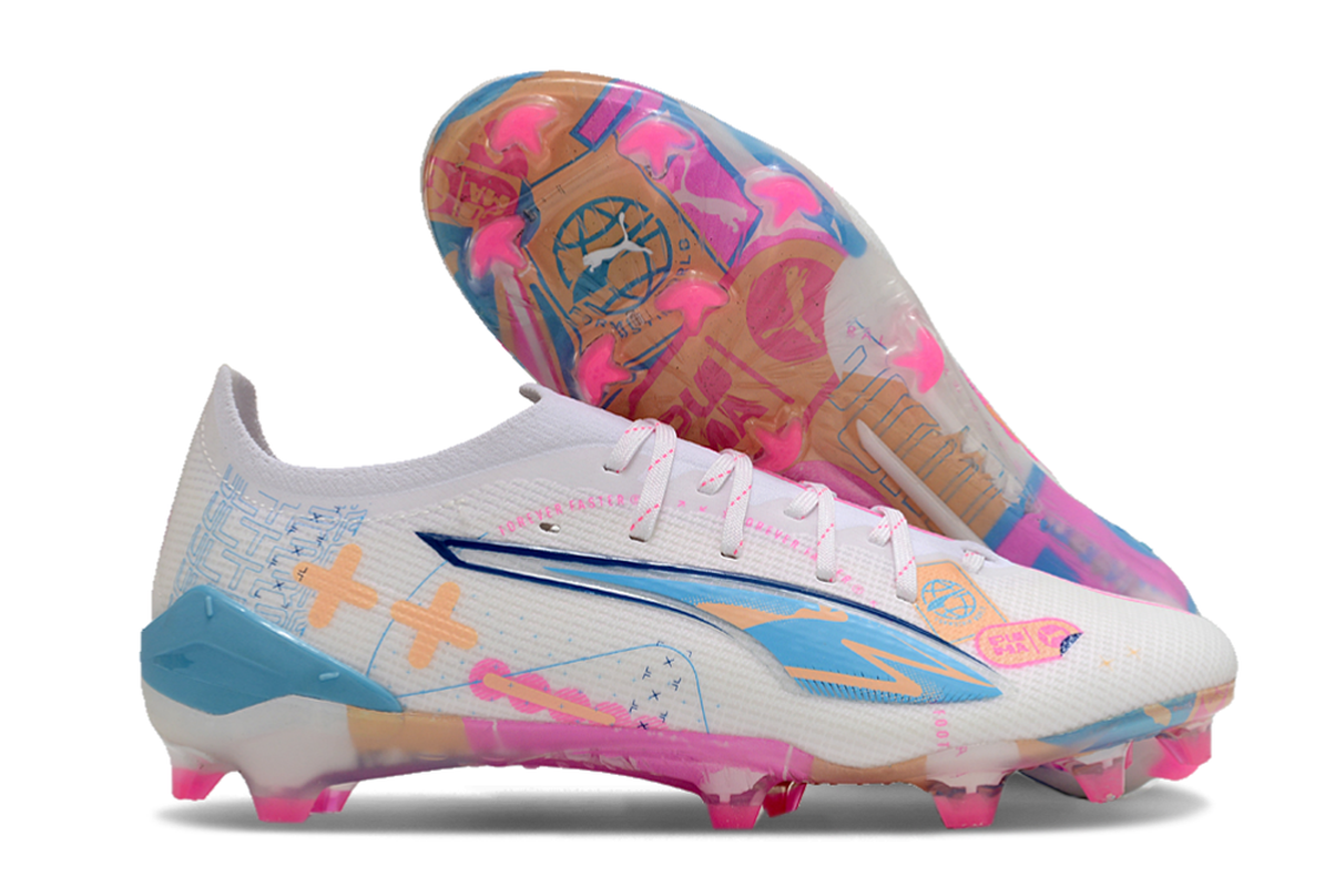 chuteira-campo-puma-ultra-5-ultimate-fg-branca-azul-e-rosa-volume-up-pack-3