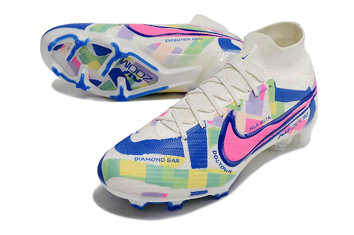 chuteira-infantil-campo-nike-air-zoom-mercurial-superfly-9-elite-fg-branca-azul-e-rosa-socal-pack-5