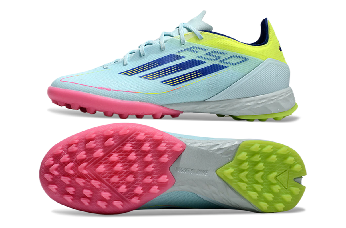 chuteira-society-adidas-f50-tf-azul-rosa-e-amarelo-olympic-boot-pack-2