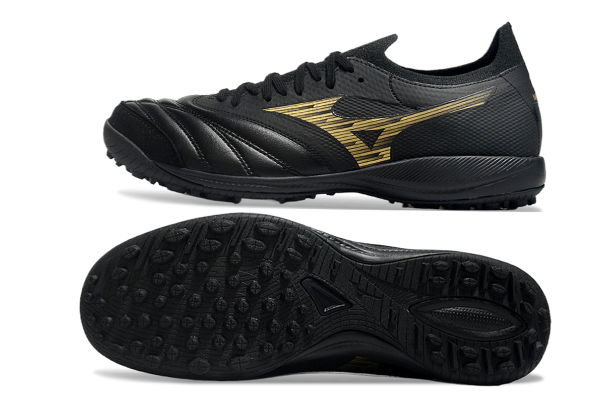 chuteira-society-mizuno-morelia-neo-sala-tf-preta-e-dourada-aurum-pack-2