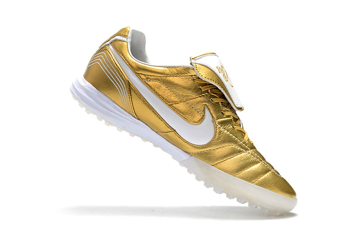chuteira-society-nike-retrô-tiempo-legend-7-elite-tf-dourado-e-branco-r10-7