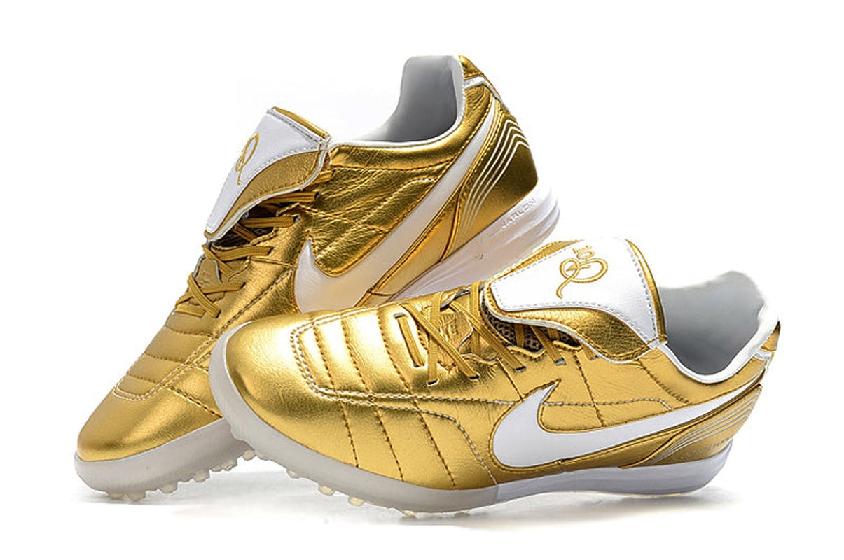 chuteira-society-nike-retrô-tiempo-legend-7-elite-tf-dourado-e-branco-r10-8