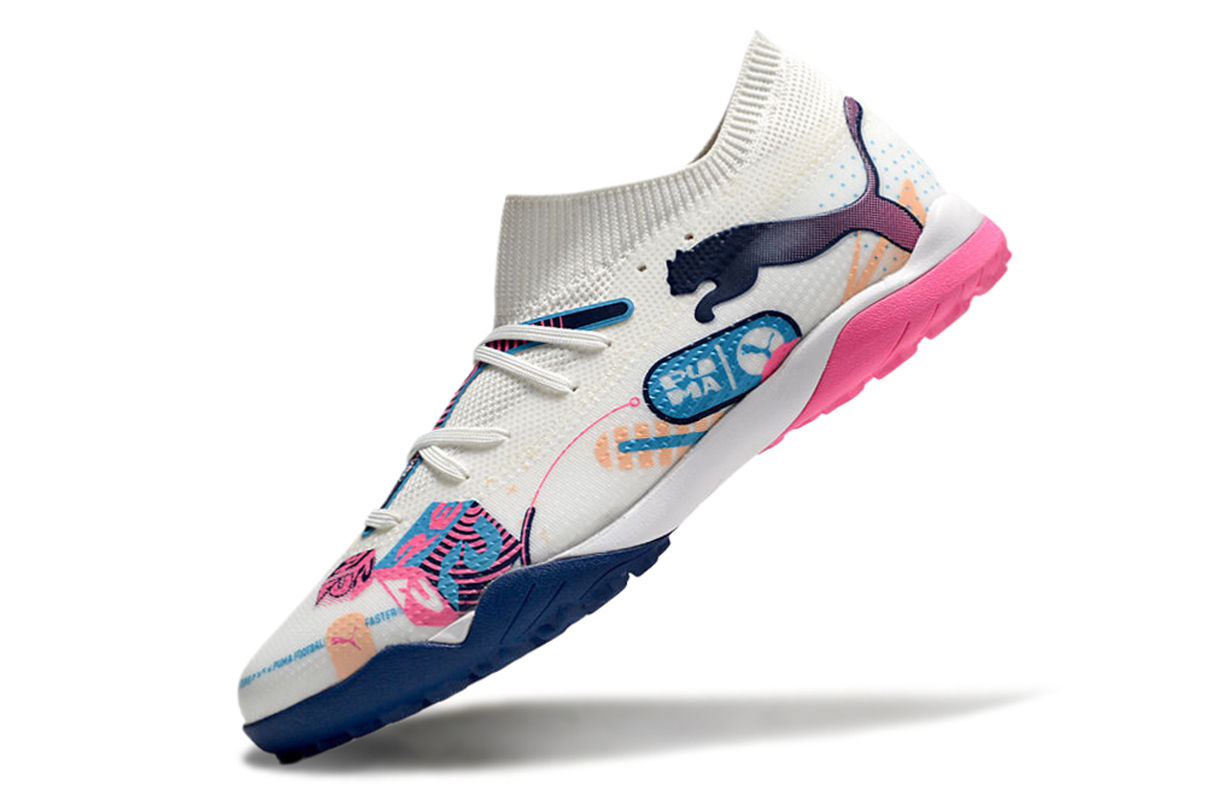 chuteira-society-puma-future-7-tf-branca-azul-e-rosa-volume-up-pack-5
