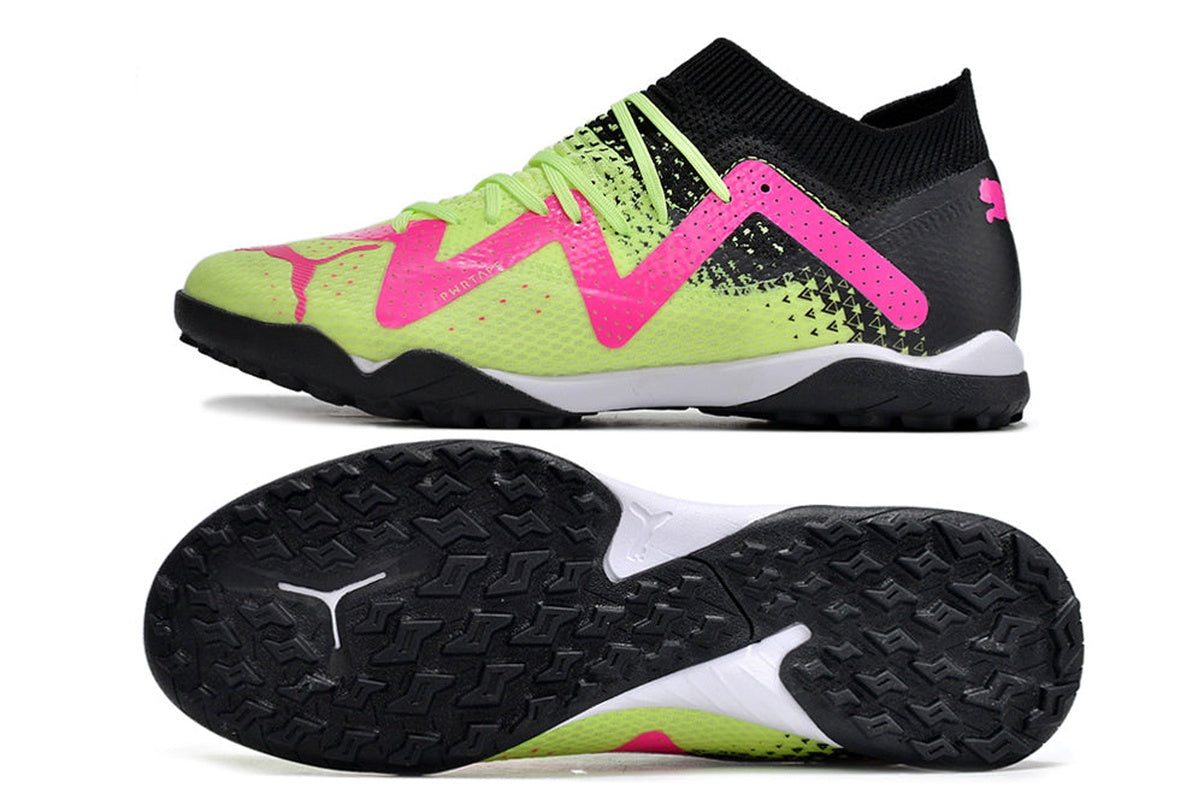 chuteira-society-puma-future-ultimate-tf-preta-verde-e-rosa-tricks-pack-5