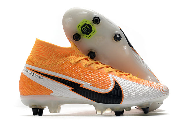 Chuteira Campo Nike Mercurial Superfly 7 Elite SG-PRO Anti Clog Branco e Laranja - Cano Alto