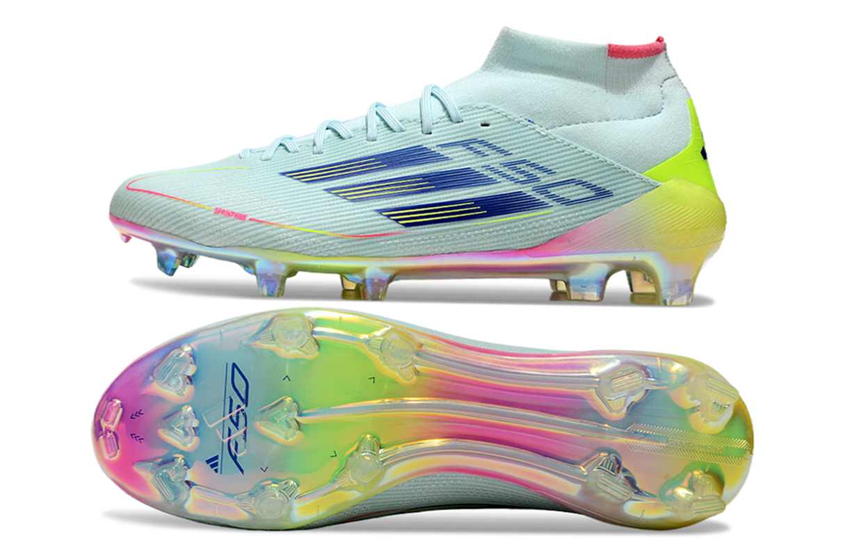 chuteira-campo-adidas-f50-cano-médio-fg-azul-rosa-e-amarelo-olympic-boot-pack-2
