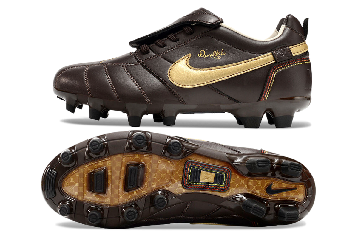 chuteira-campo-nike-retrô-tiempo-legend-r10-elite-marrom-e-dourado-2