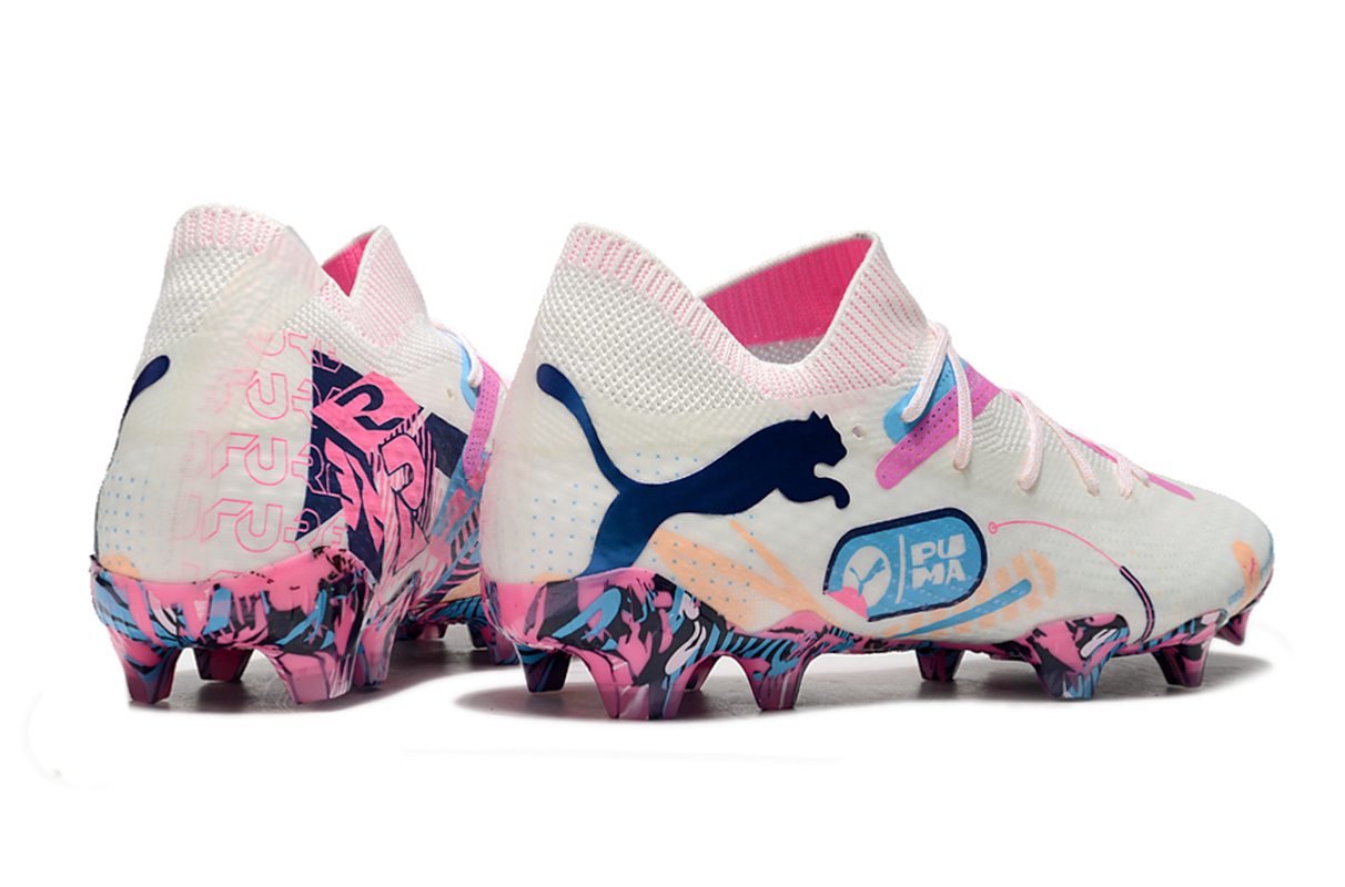 chuteira-campo-puma-future-7-fg-branca-azul-e-rosa-volume-up-pack-4