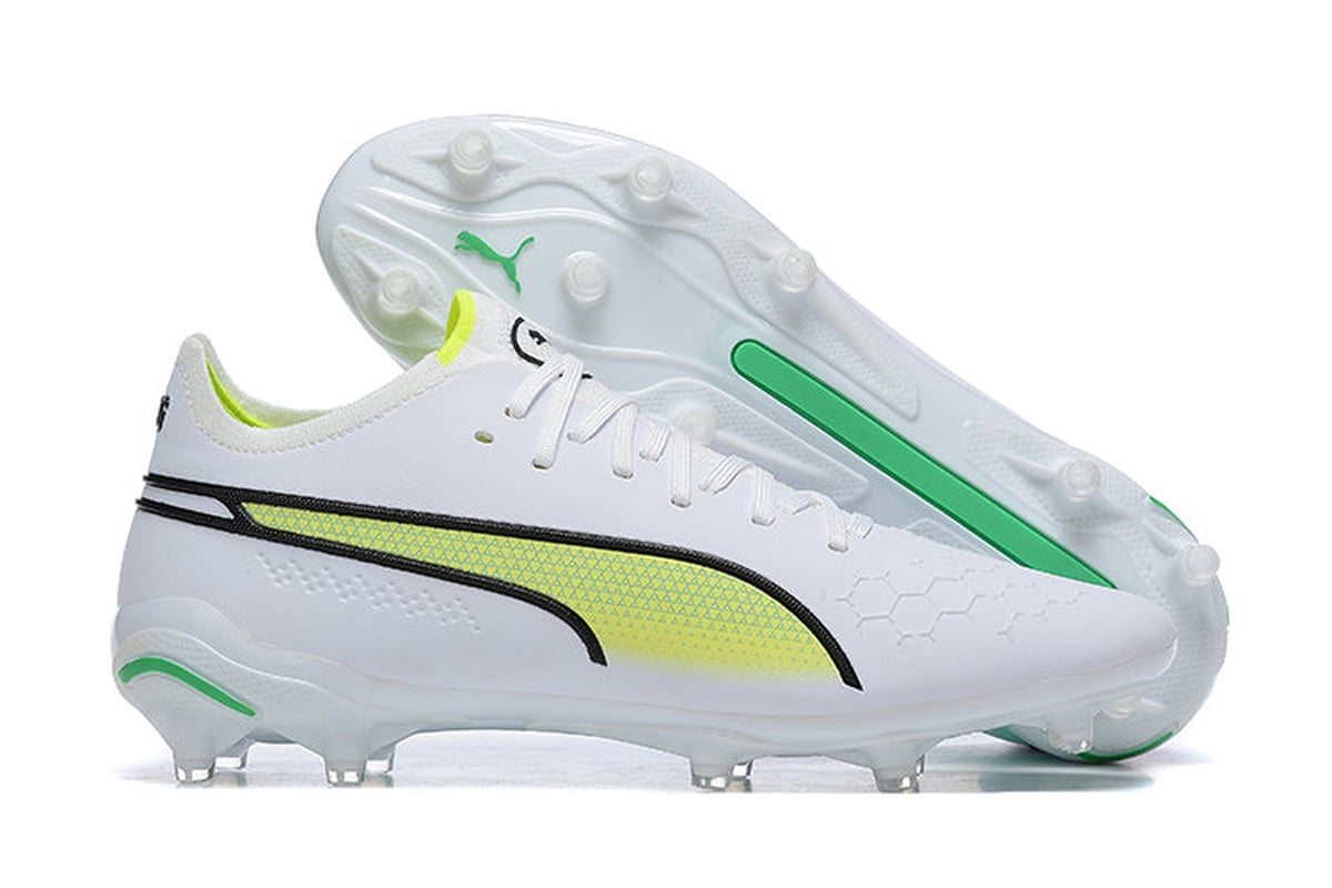 chuteira-campo-puma-king-ultimate-fg-branca-e-verde-pursuit-pack-5
