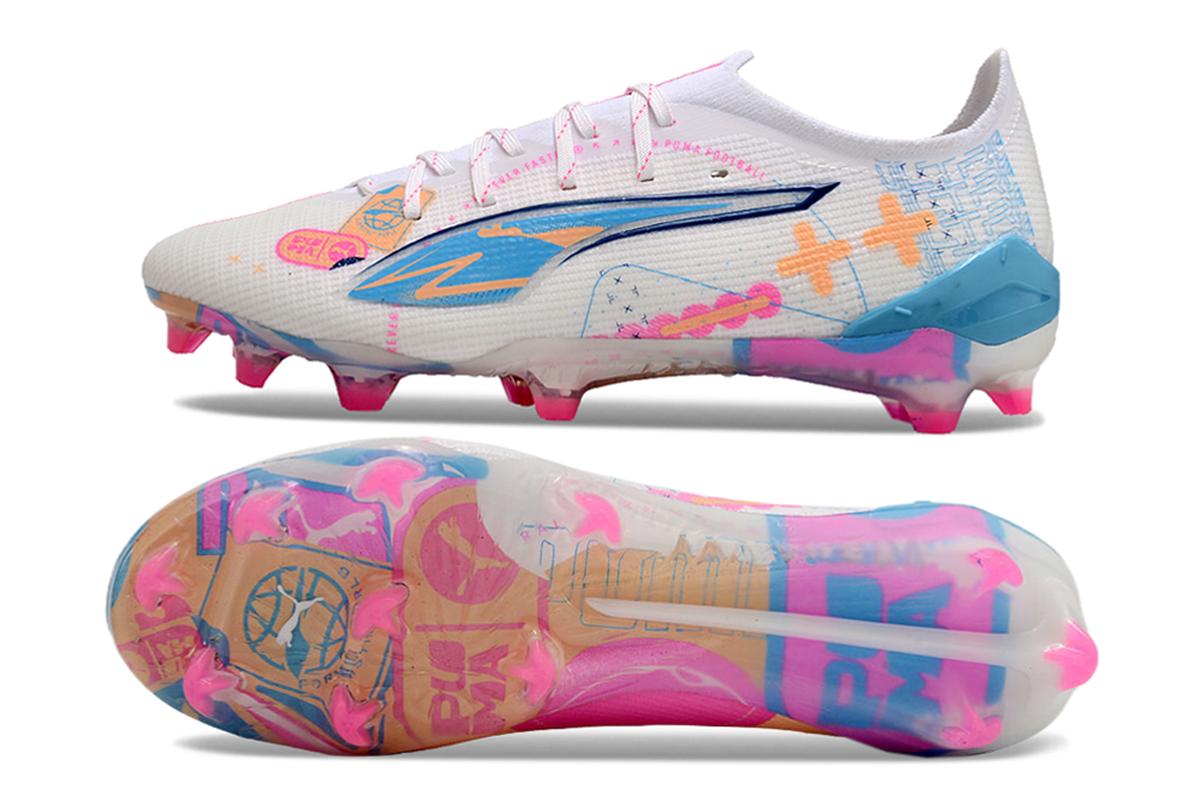 chuteira-campo-puma-ultra-5-ultimate-fg-branca-azul-e-rosa-volume-up-pack-2