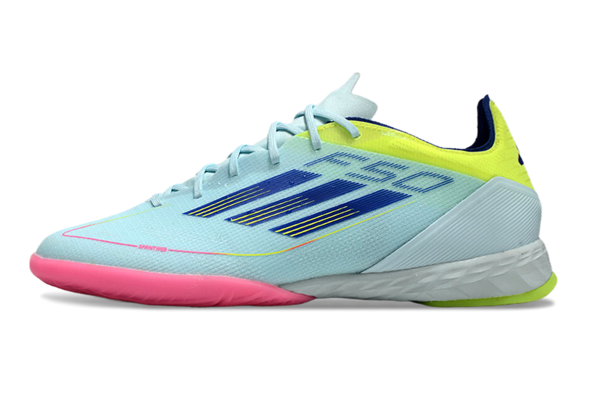 chuteira-futsal-adidas-f50-ic-azul-rosa-e-amarelo-re-emergence-pack-1