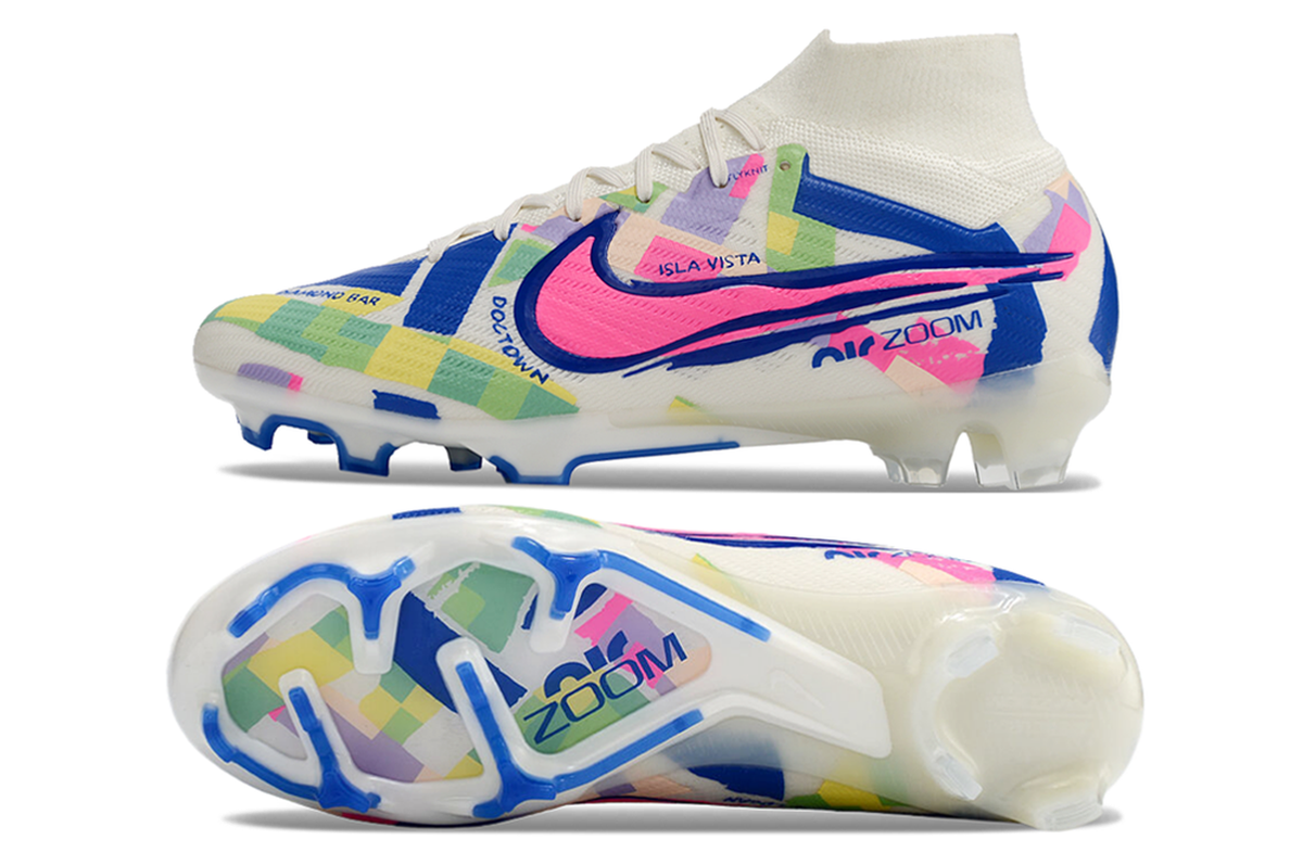 chuteira-infantil-campo-nike-air-zoom-mercurial-superfly-9-elite-fg-branca-azul-e-rosa-socal-pack-2