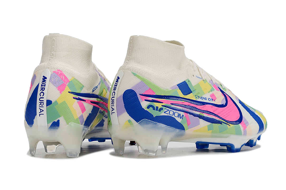 chuteira-infantil-campo-nike-air-zoom-mercurial-superfly-9-elite-fg-branca-azul-e-rosa-socal-pack-4
