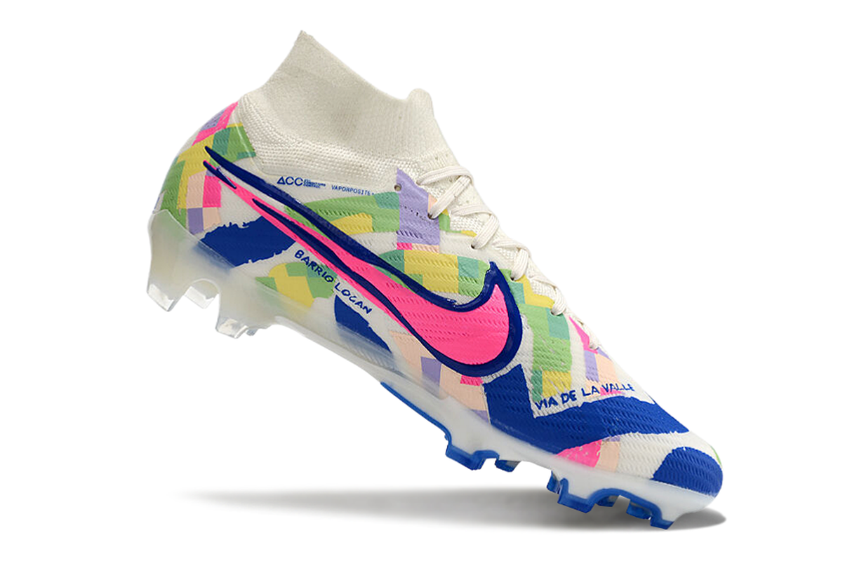 chuteira-infantil-campo-nike-air-zoom-mercurial-superfly-9-elite-fg-branca-azul-e-rosa-socal-pack-7