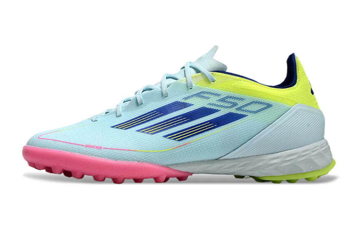 chuteira-society-adidas-f50-tf-azul-rosa-e-amarelo-olympic-boot-pack-1