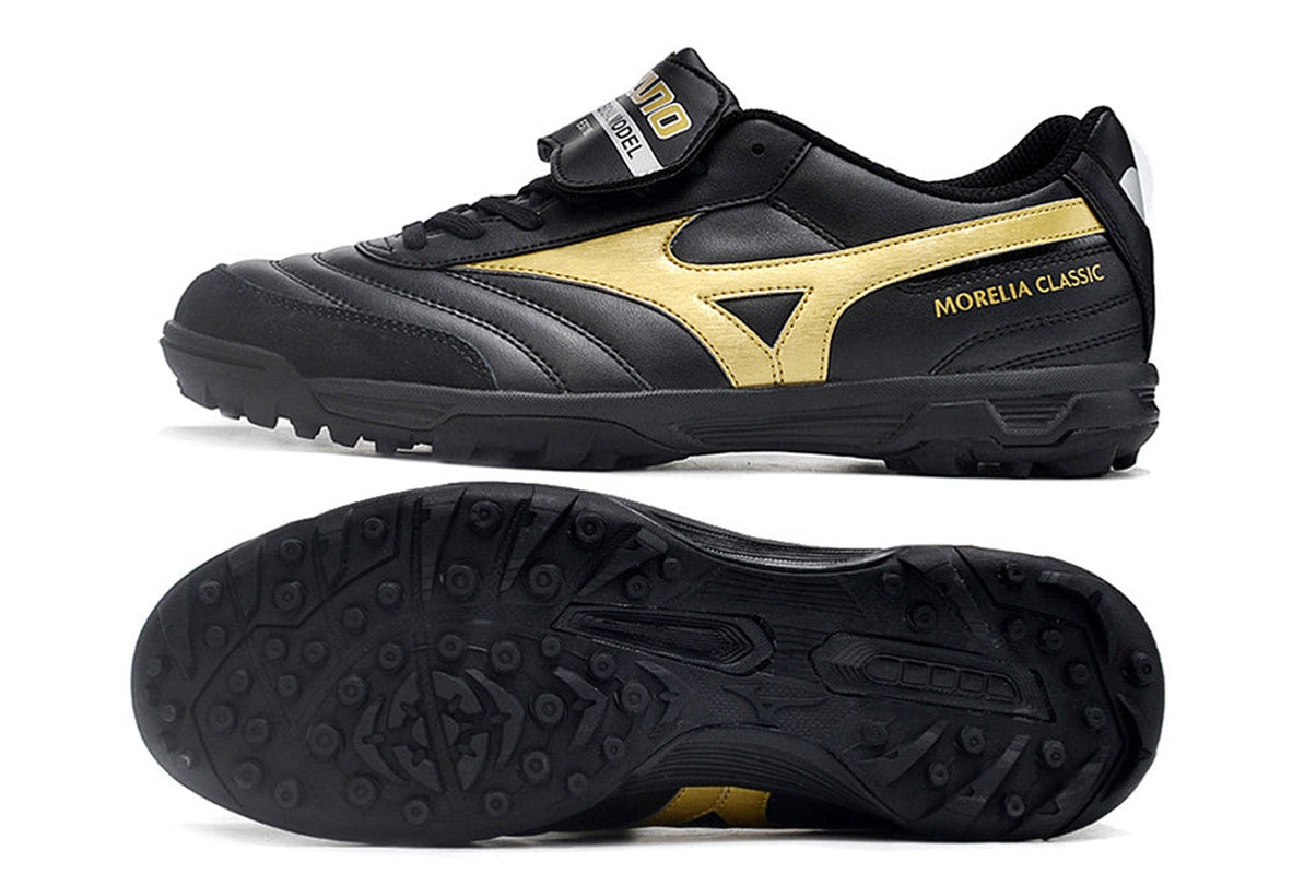 chuteira-society-mizuno-morelia-4-tf-preta-e-dourada-aurum-pack-4