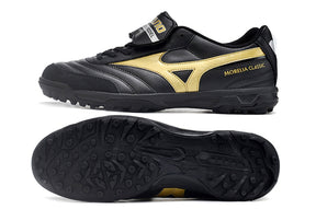 chuteira-society-mizuno-morelia-4-tf-preta-e-dourada-aurum-pack-4