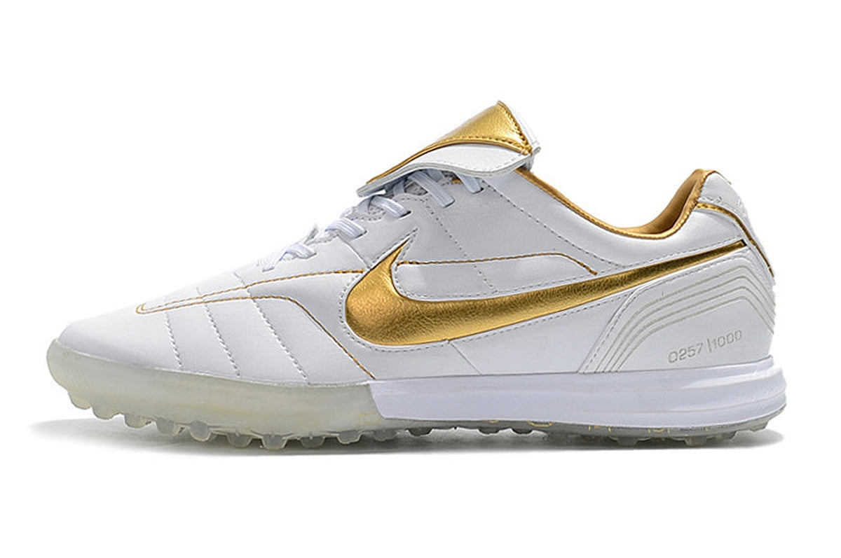 chuteira-society-nike-retrô-tiempo-legend-7-elite-tf-branca-e-dourado-r10-1