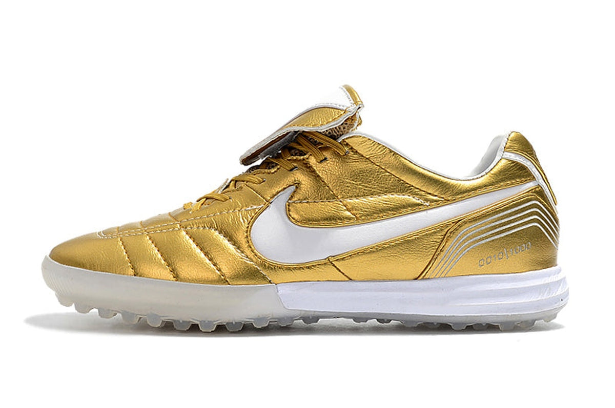 chuteira-society-nike-retrô-tiempo-legend-7-elite-tf-dourado-e-branco-r10-1