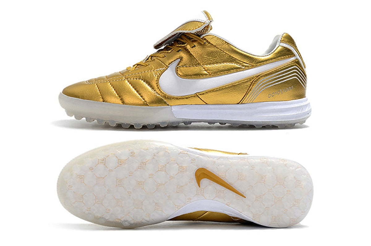 chuteira-society-nike-retrô-tiempo-legend-7-elite-tf-dourado-e-branco-r10-2