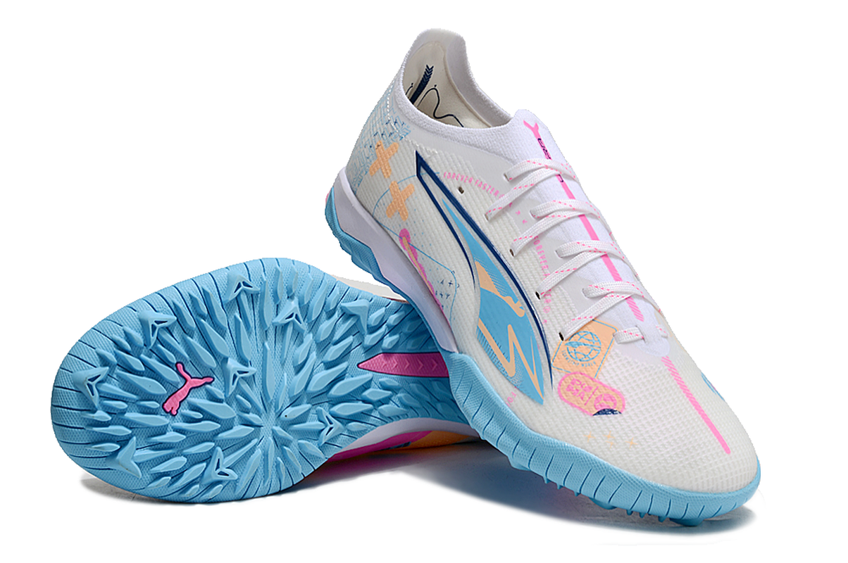 chuteira-society-puma-ultra-5-ultimate-tf-branca-e-azul-volume-up-pack-5
