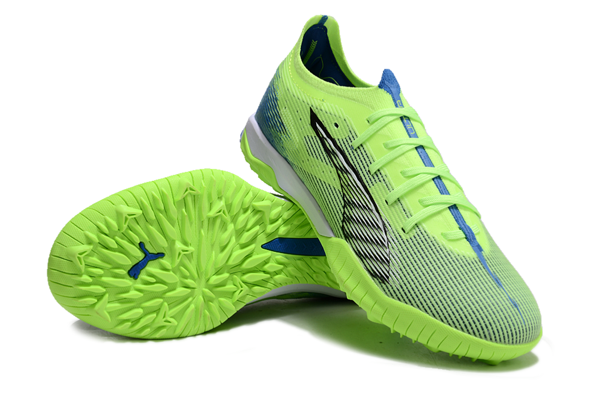 chuteira-society-puma-ultra-5-ultimate-tf-verde-e-azul-lights-out-pack-5